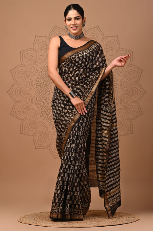 Pure Maheshwari Silk Saree Black Hand block Printed with running blouse (Silk by Silk)-Indiehaat
