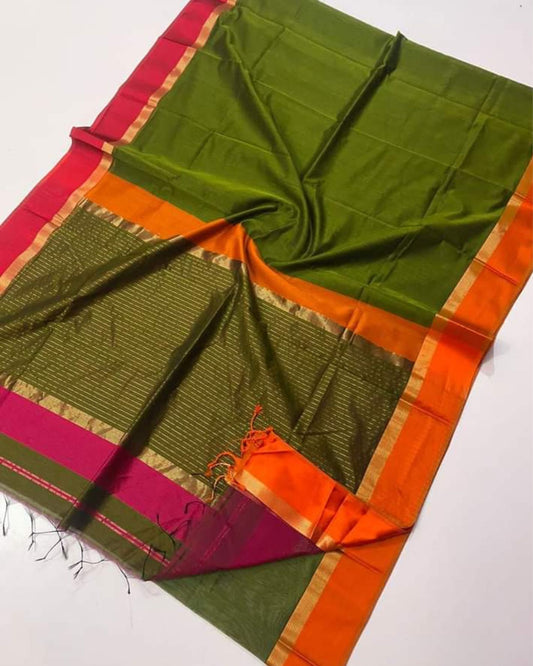 Pure Maheshwari Handloom Handwoven Silk Saree Olive Green Color Zari Border with running blouse - IndieHaat