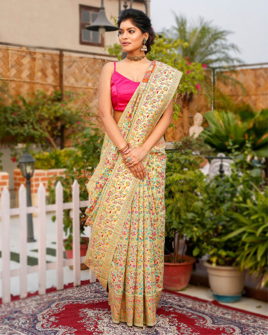 Kashmiri Modal Silk Saree Multi Color with contrast pallu and blouse - IndieHaat
