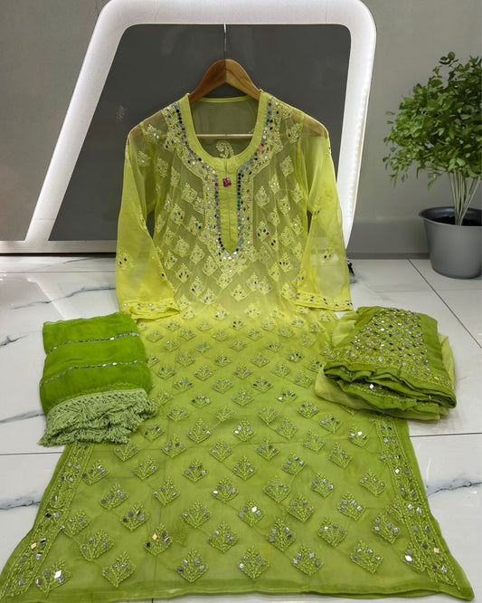 Georgette Kurti Green Color Chikankari Ombre Mirror Work with Dupatta, Bottom and Inner - IndieHaat