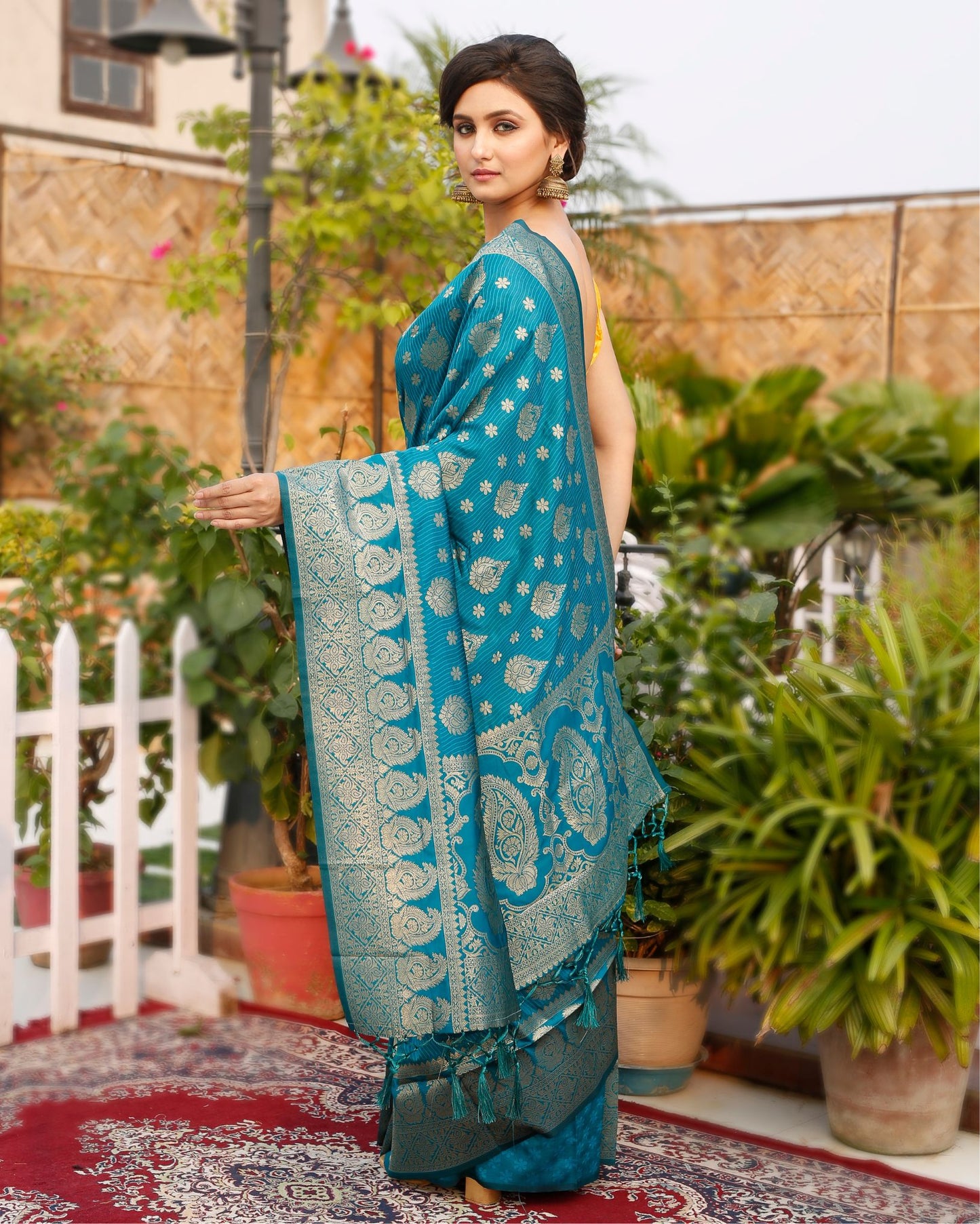 Kashmiri Modal Silk Saree Dark Cyan Blue Color with blouse - IndieHaat
