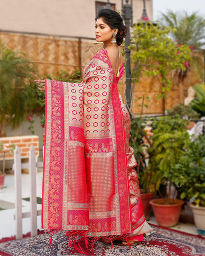 Banarasi Silk Saree Pink & Gold Color with contrast pallu and blouse - IndieHaat