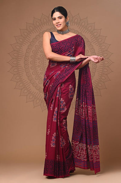 Blockprinted Pure Mul Cotton Sizzling Dark Red Saree