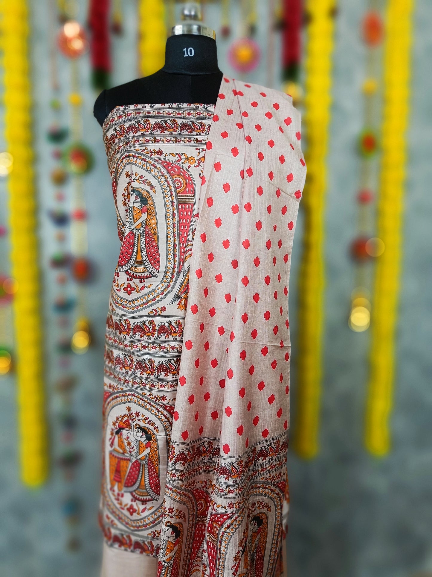 1780-Katan Multi Color Silk Suit Piece Madhubani Printed with Bottom and Dupatta Handcrafted