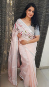 Pure Linen Saree Hand Embroidered Rose Pink color with Running Blouse-Indiehaat