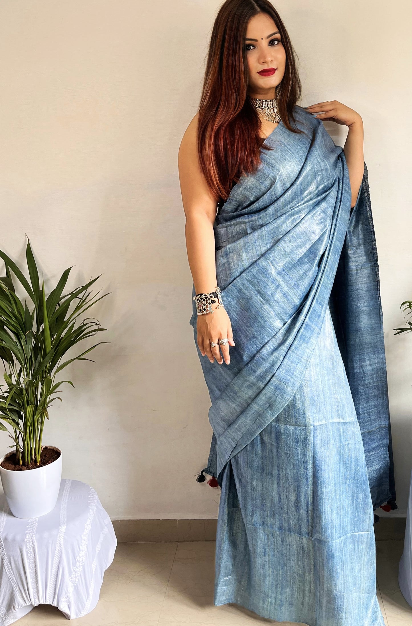 8926-Silkmark Certified Gichcha Tussar Handloom Hand Dyed Blue Saree with Contrast Blouse