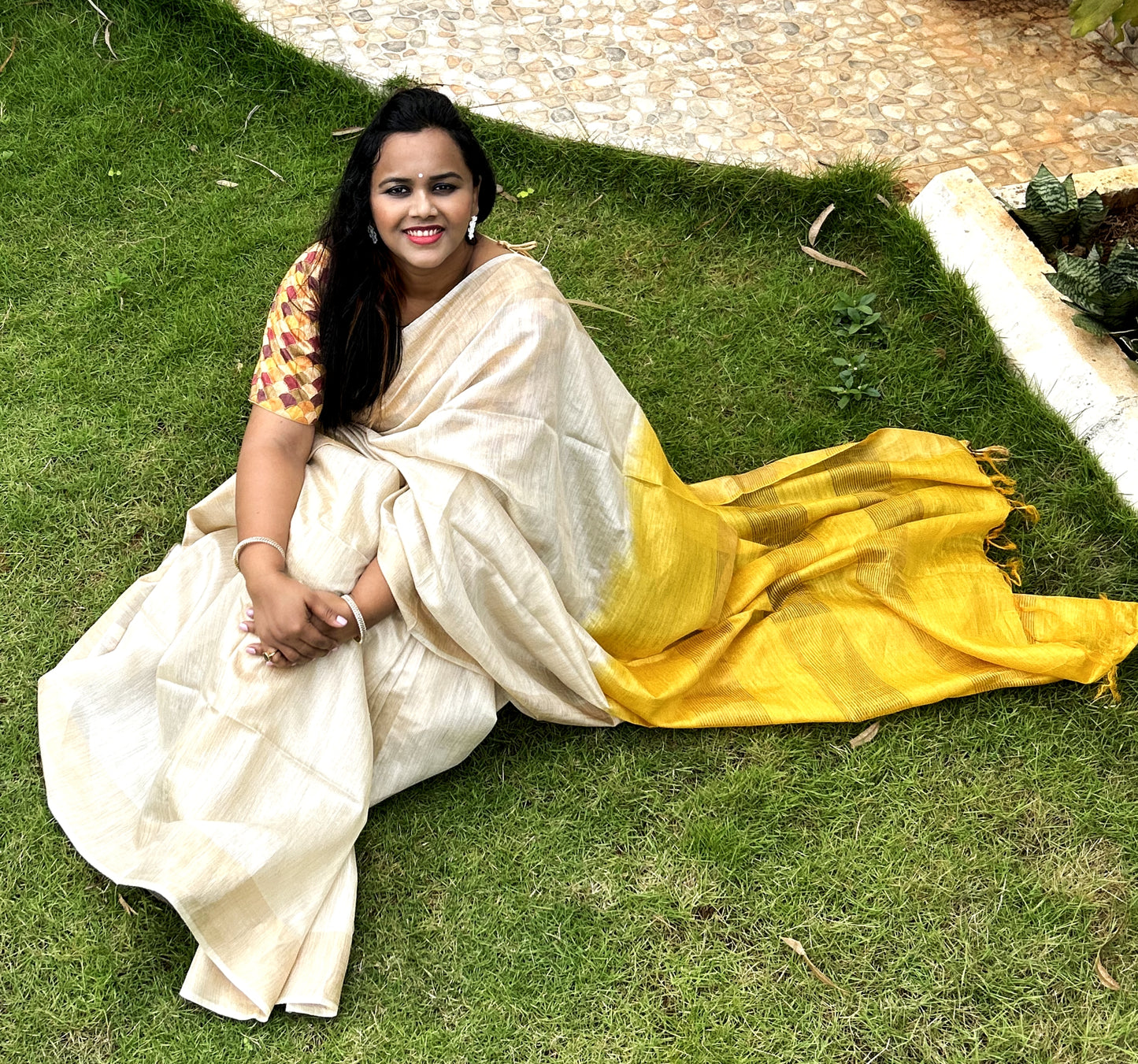 3028-Handloom Kota Silk Saree Beige Color with Yellow Pallu and Yellow Blouse