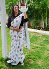 Azureish Slub Linen Saree White Handblock Print