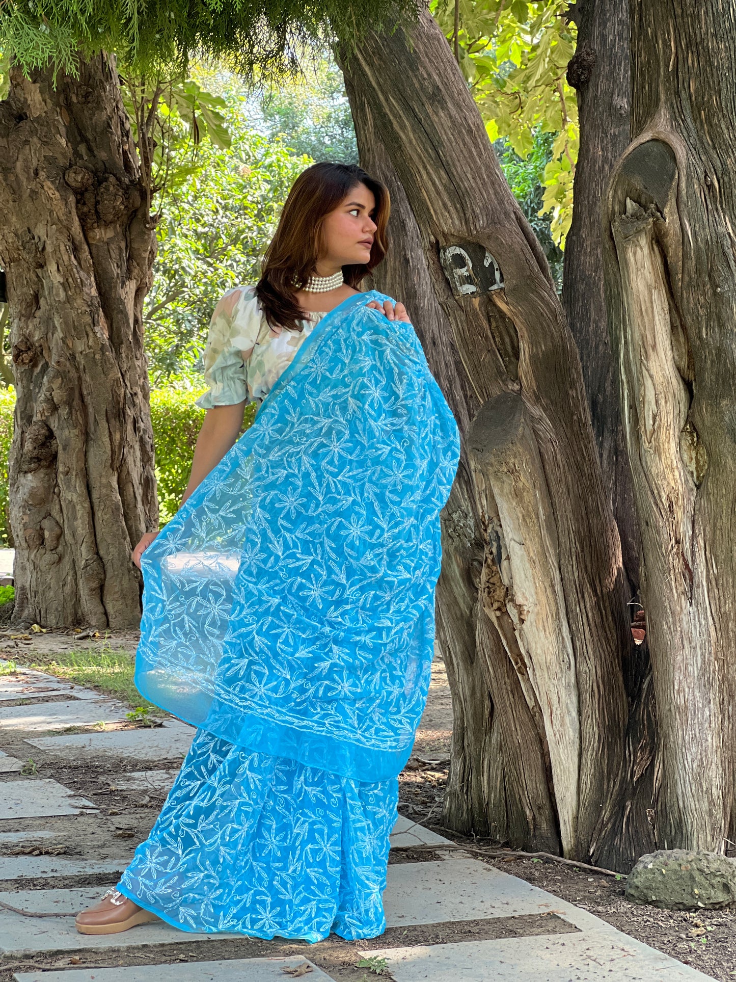 6453-Georgette HandCrafted Tepchi work Blue Saree with Running Blouse