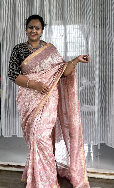 Captivating Pure Kota Linen Embroidery Saree Peach