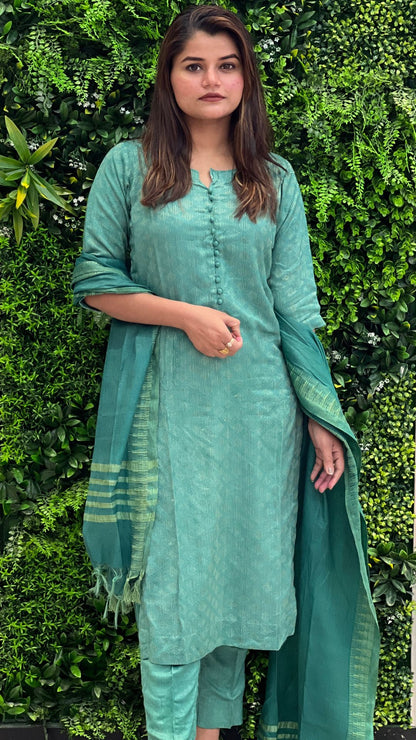 2594-Handcrafted Katan Silk Green Suit Piece with Bottom and Dupatta