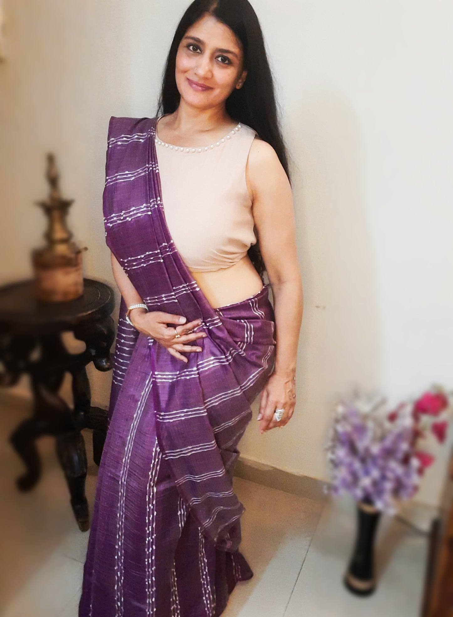 3382-Bansbara Tussar Silk Handloom Saree Lily Purple Color with Running Blouse