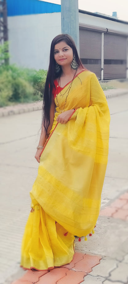 Empowering Handwoven Pure Linen Yellow Saree