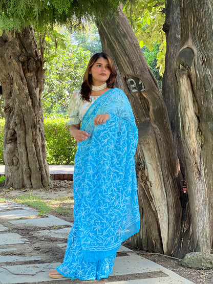 6453-Georgette HandCrafted Tepchi work Blue Saree with Running Blouse