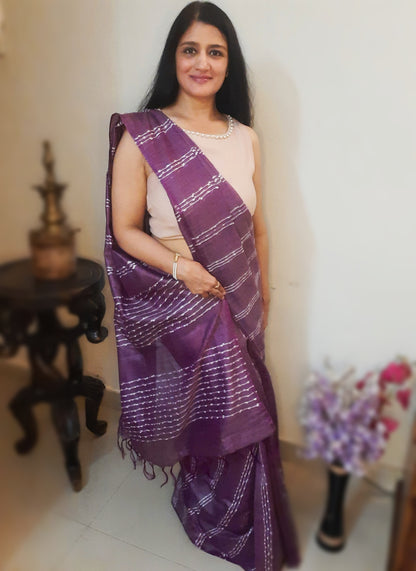 Bansbara Tussar Silk Kantha Handloom Saree Lily Purple