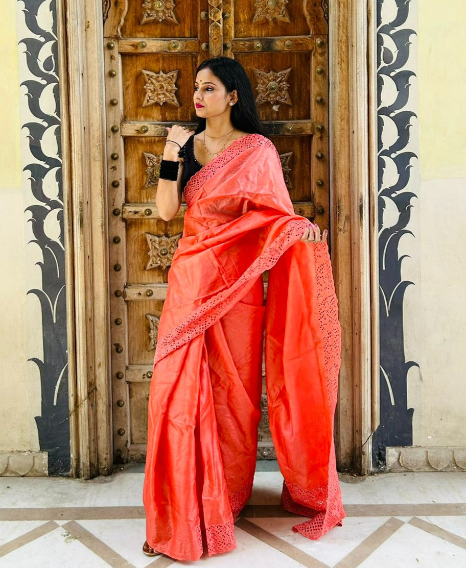 New designer red color party wear silk saree with contrast blouse.