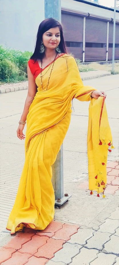 2510-Handwoven Pure Linen Yellow Saree with Blouse