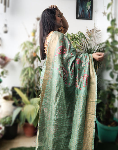 Incandescent Silk Linen Embroidered Green Saree