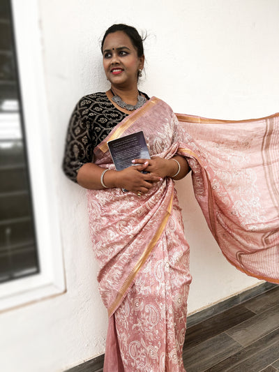 Captivating Pure Kota Linen Embroidery Saree Peach