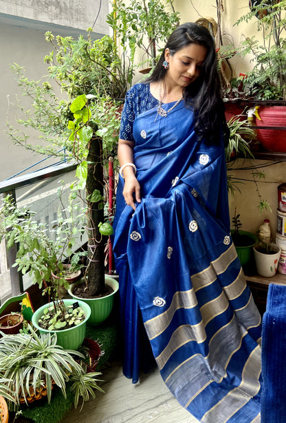 Silkmark Decorous Eri Tussar Silk Embroidered Blue Saree