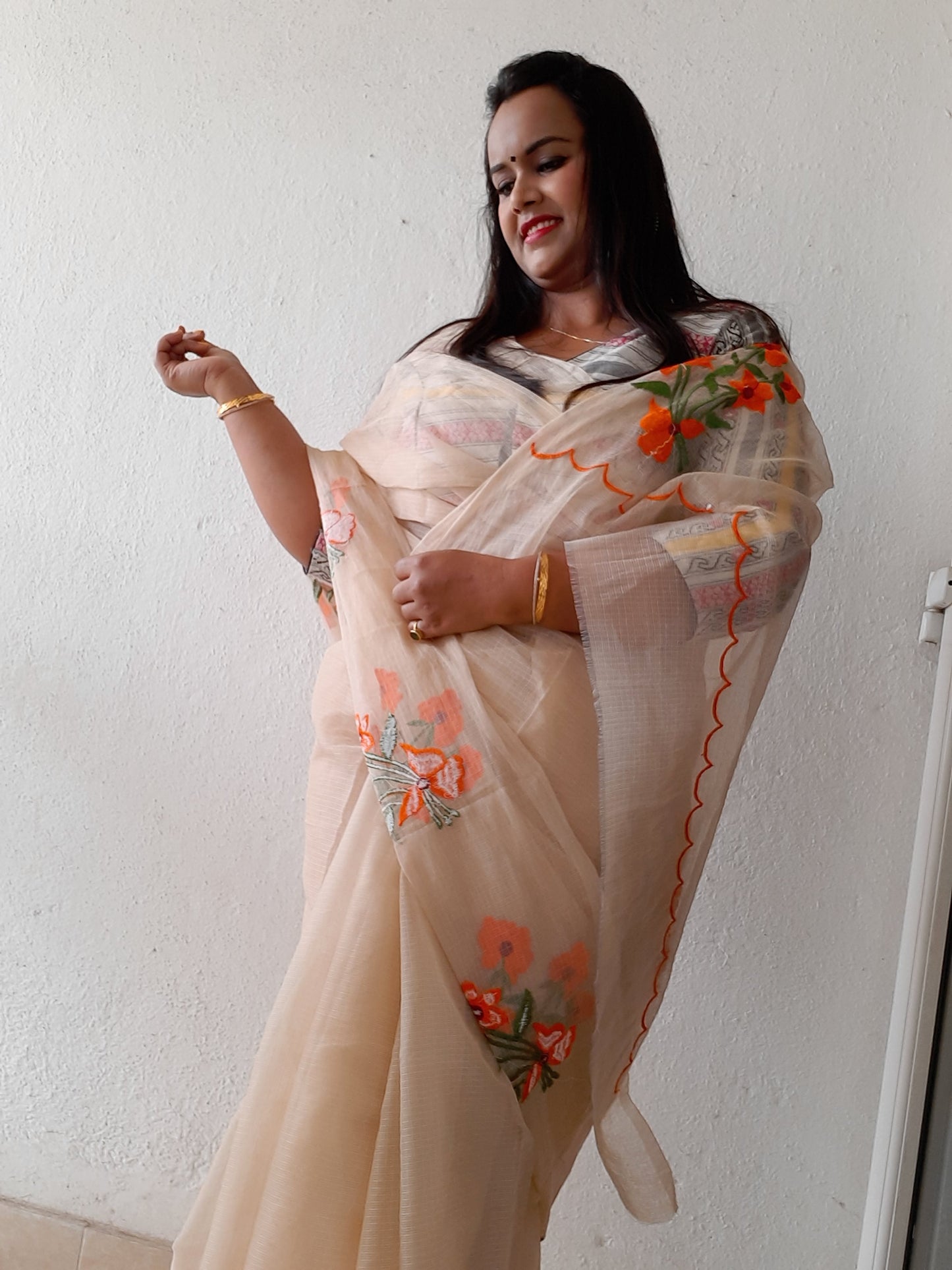 Kota Doria Pure Cotton Embroidery Saree Light Brown Colour with blouse Handcrafted-Indiehaat