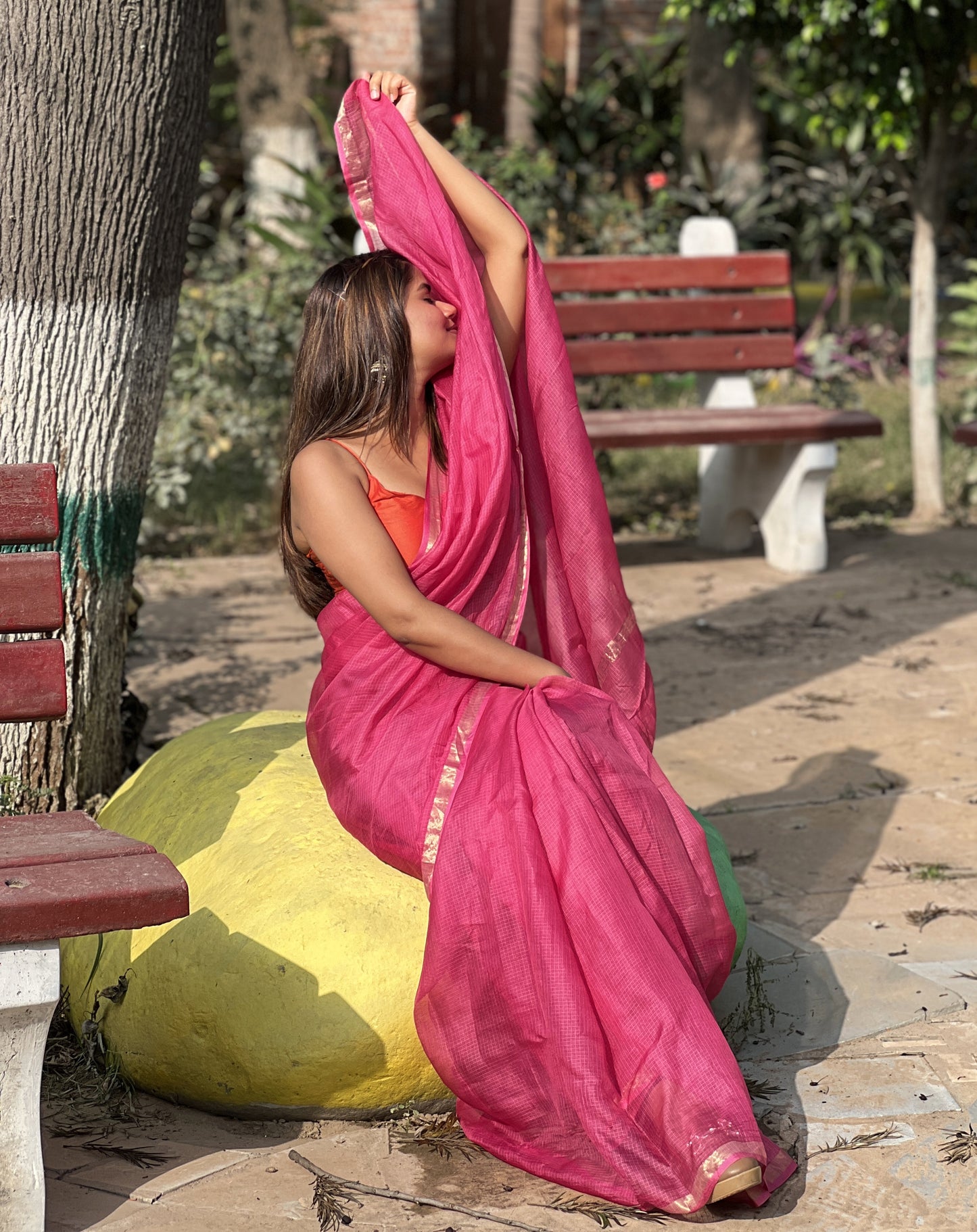 Kota Doria Pure Silk Pink Saree Hand Dyed with Blouse-Indiehaat
