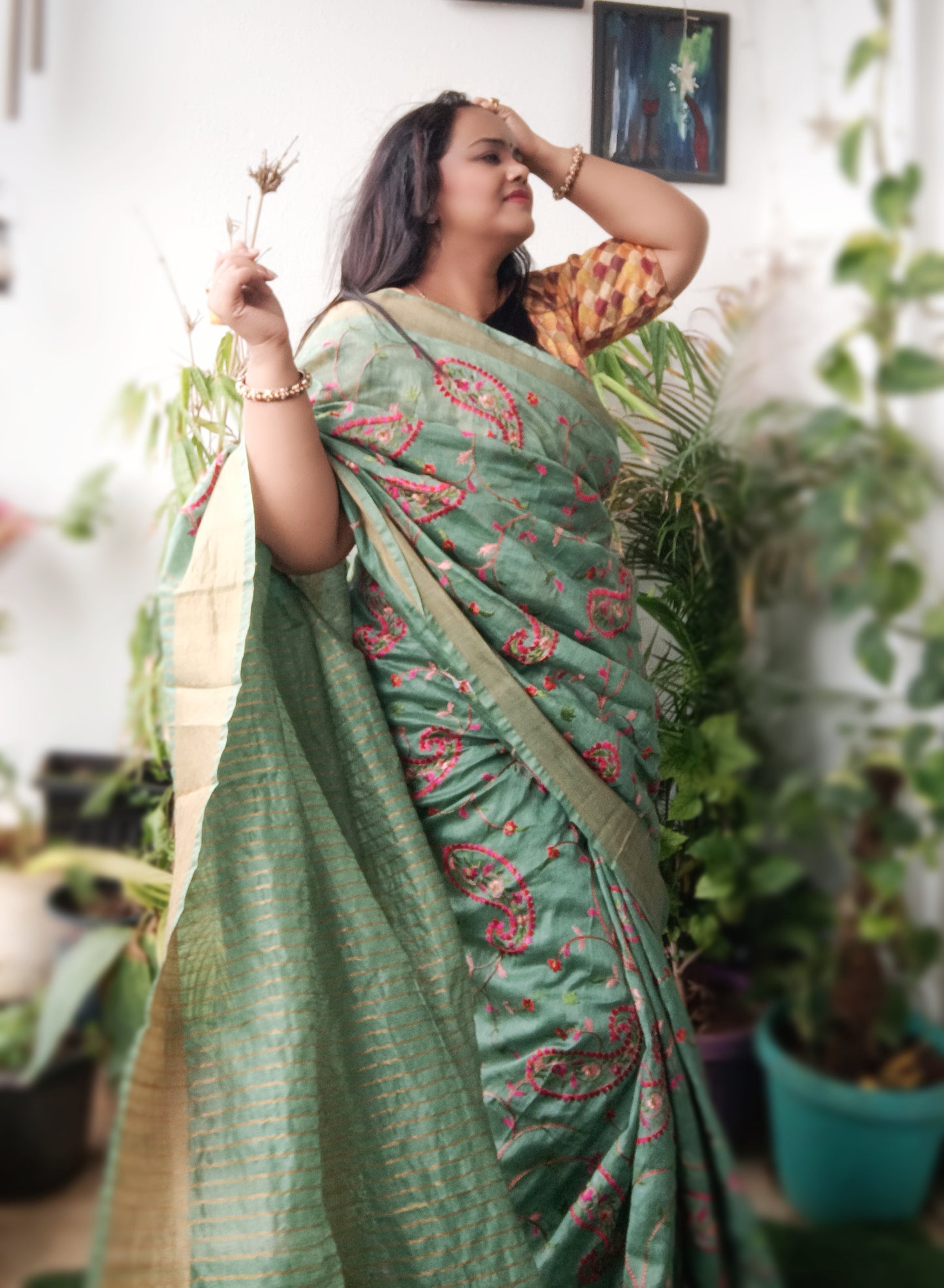 5548-Silk Linen Embroidered Handloom Green Saree with Blouse