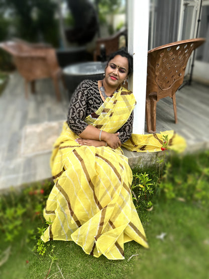 1002-Cotton Kota Doria Saree Yellow Color with blouse Handcrafted