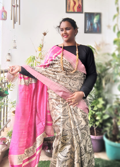 1109-Silkmark Certified Tussar Silk Handloom Handblock Printed Beige and Pink Saree with Blouse