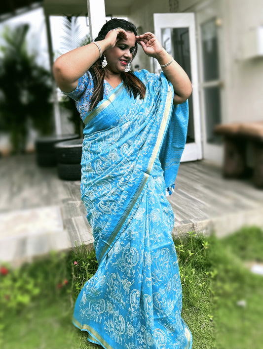 Fanciful Pure Kota Linen Saree Blue Embroidered