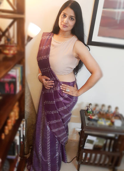 Bansbara Tussar Silk Kantha Handloom Saree Lily Purple