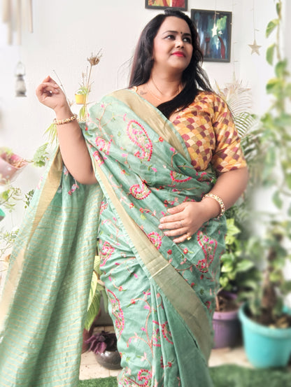 5548-Silk Linen Embroidered Handloom Green Saree with Blouse