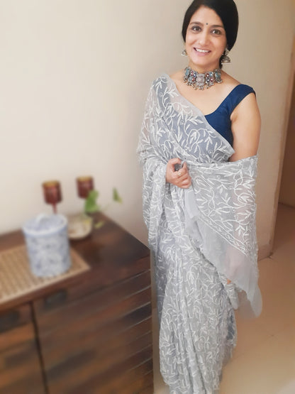 9209-Georgette Handcrafted Tepchi work Grey Color Saree with Running Blouse