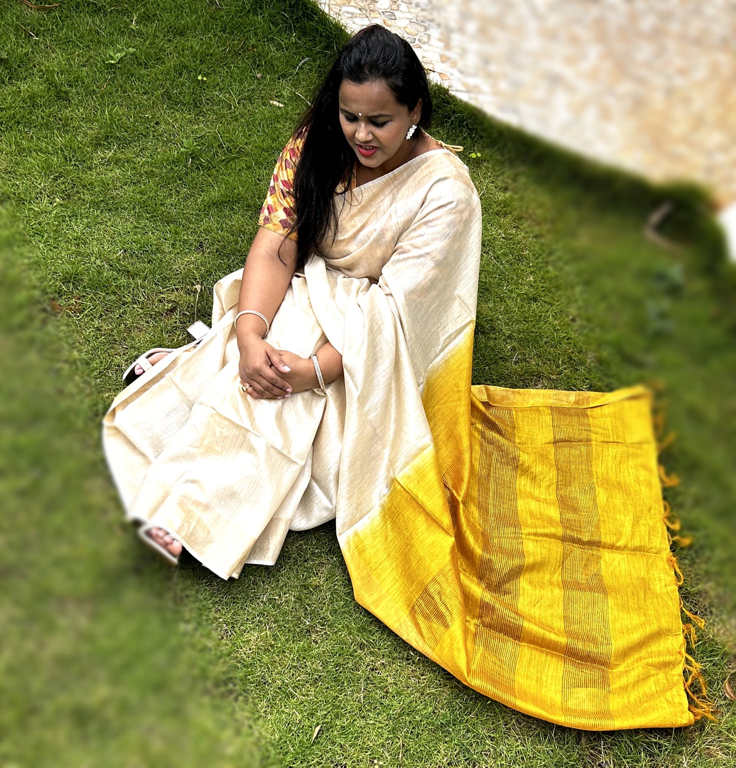 3028-Handloom Kota Silk Saree Beige Color with Yellow Pallu and Yellow Blouse