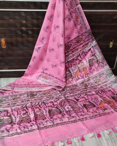 Indiehaat | Slub Linen Madhubani Pink Saree