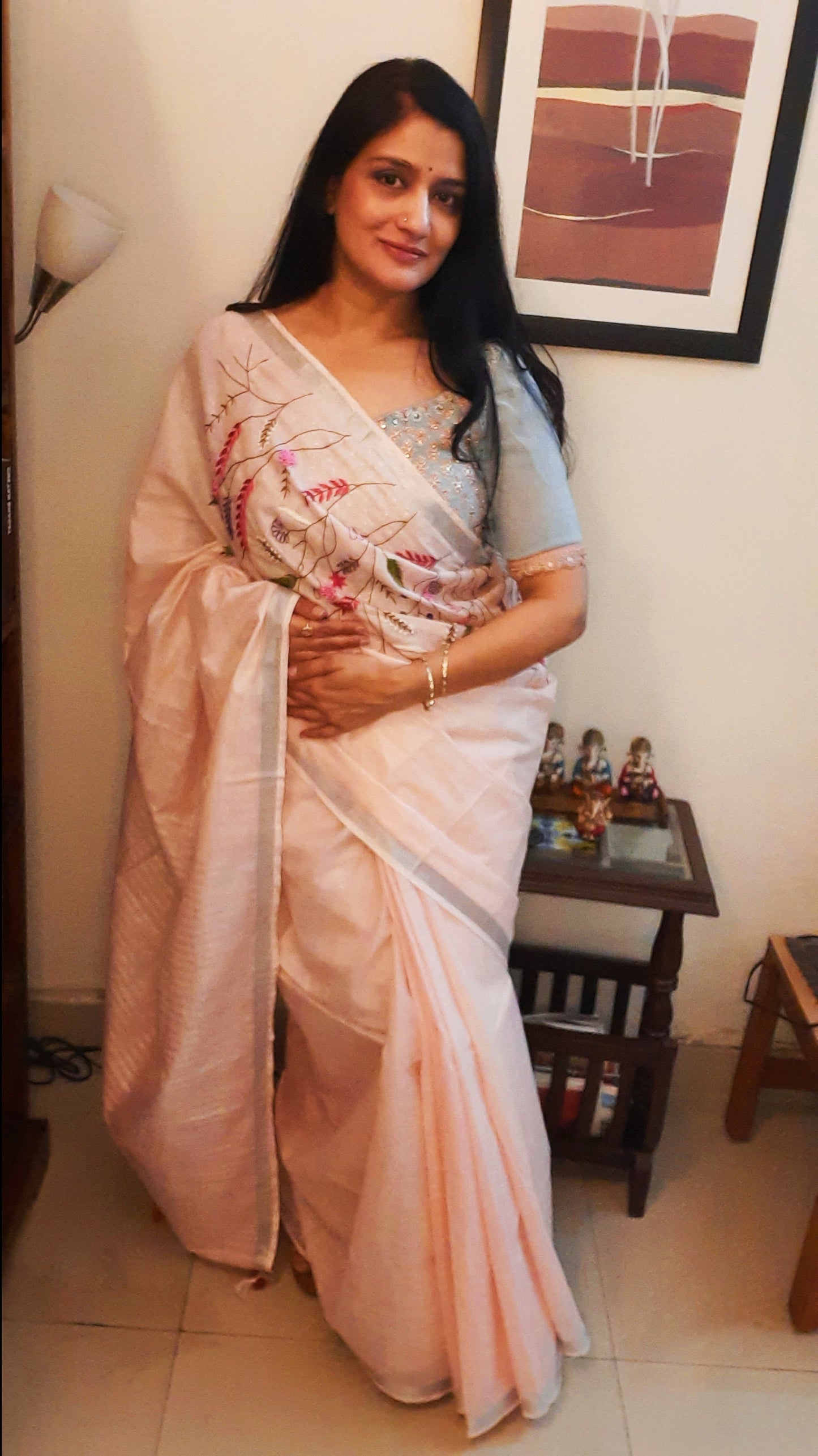 Pure Linen Saree Hand Embroidered Rose Pink color with Running Blouse-Indiehaat