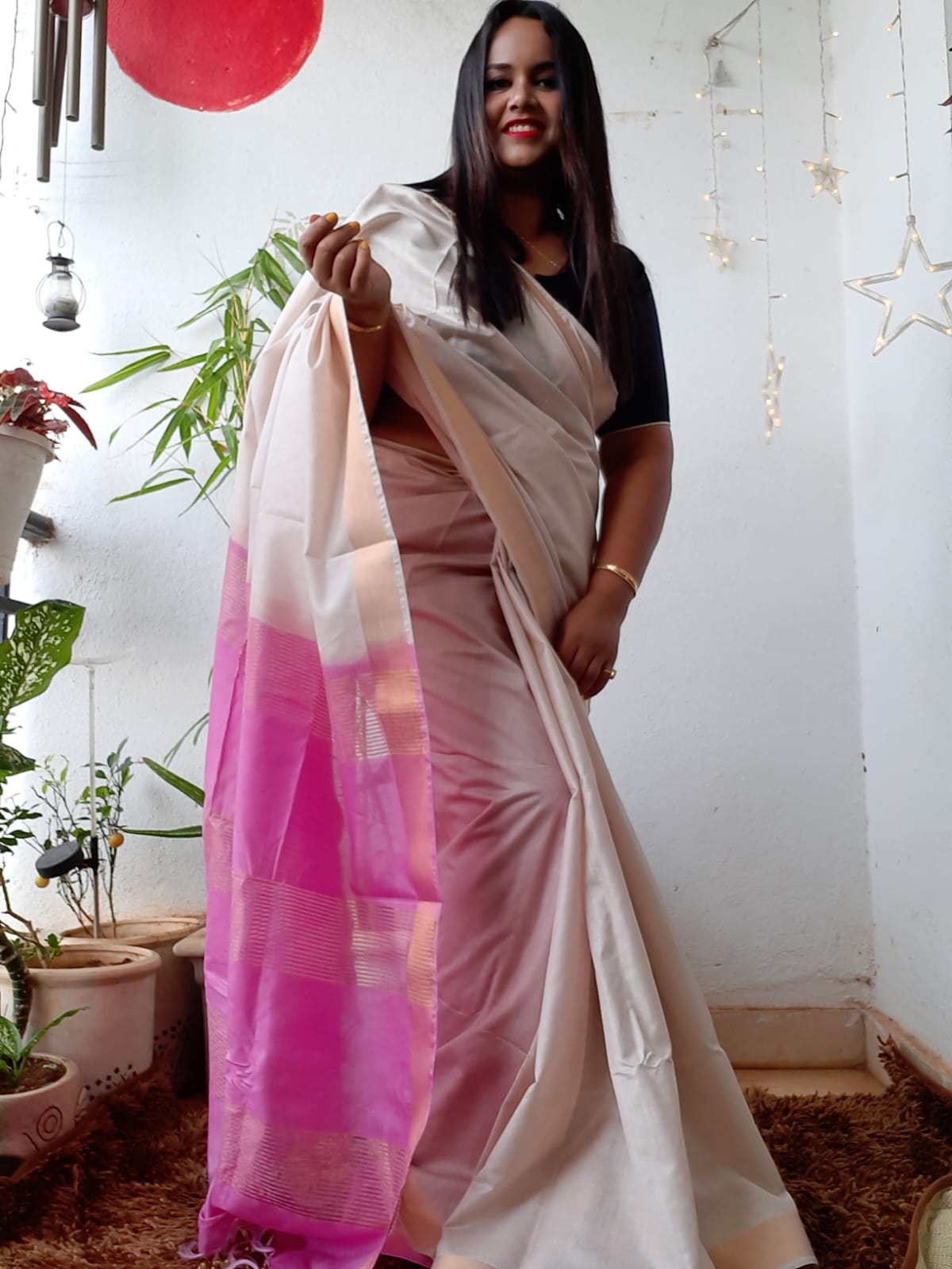 Handloom Kota Silk Off White & Pink Saree