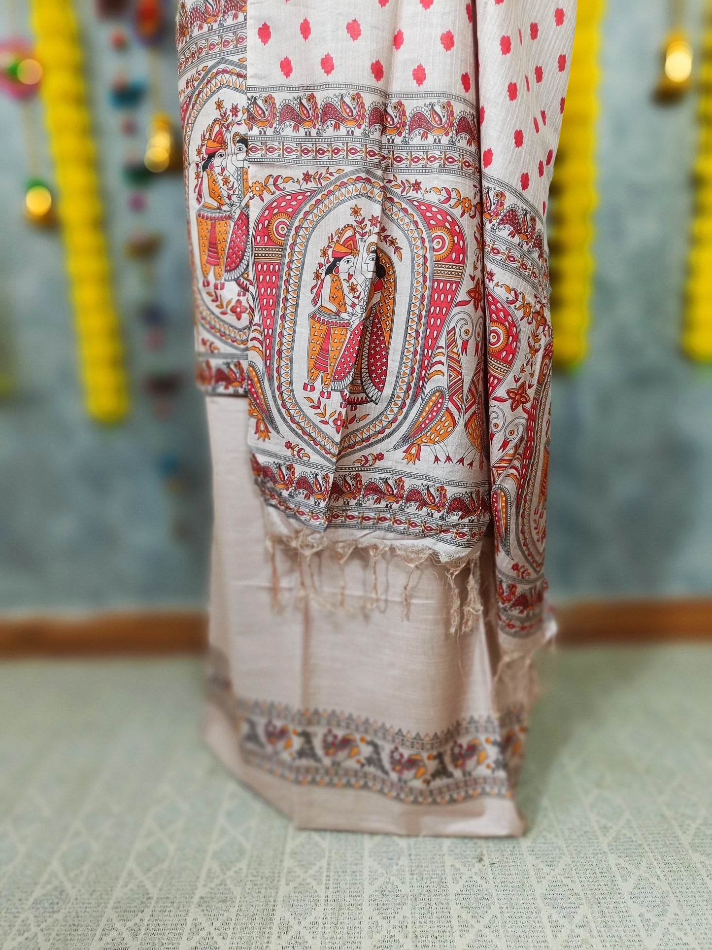 1780-Katan Multi Color Silk Suit Piece Madhubani Printed with Bottom and Dupatta Handcrafted
