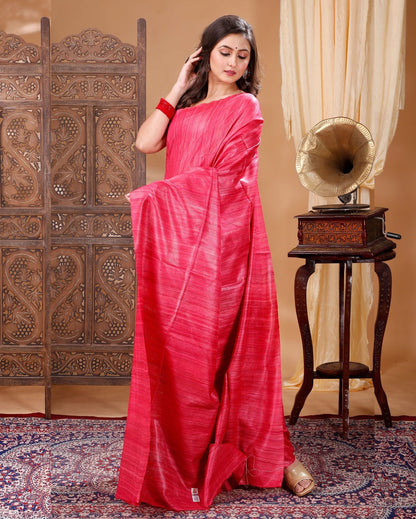 7478-Silkmark Certified Gichcha Tussar Handloom Hand Dyed Red Plain Saree with Running Blouse