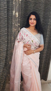 Pure Linen Saree Hand Embroidered Rose Pink color with Running Blouse-Indiehaat