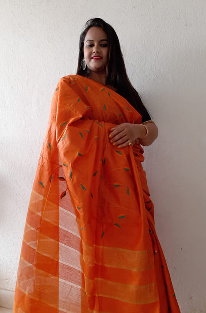 9836-Silkmark Certified Eri Silk Embroidered Orange Saree with Blouse