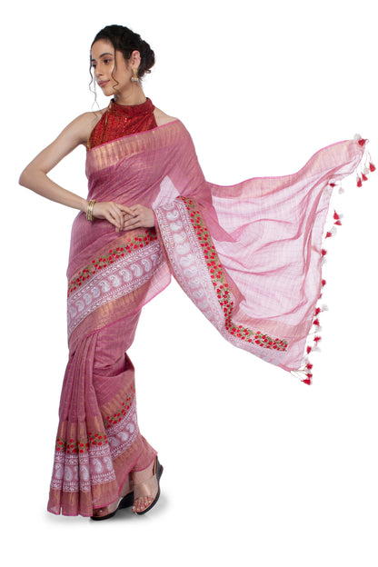 Embroidered Bansbara Tussar Silk Saree Pink