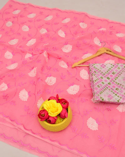 Indiehaat | Kota Doria Embroidered Pink Saree | Elegant
