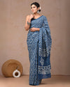 Indiehaat | Pure Mulmul Cotton Saree Blue Color handblock printed with Running Blouse