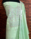 Indiehaat | Gulmohar Slub Linen Green Unstiched Embroidered Suit
