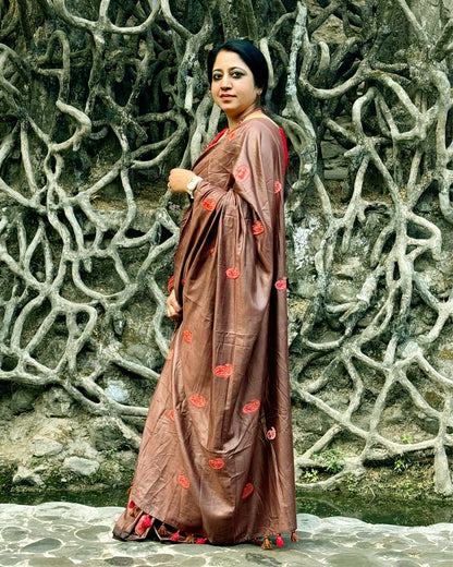 Silkmark Certified Pure Tussar Vibrant Embroidered Saree Brown