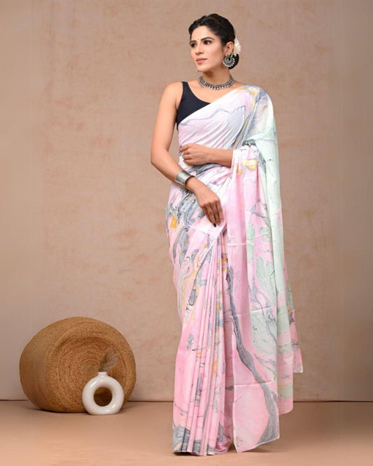Indiehaat | Pure Mulmul Cotton Saree Light Pink Color handblock printed with Running Blouse