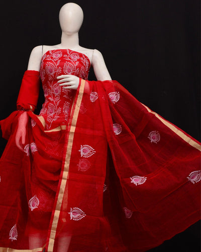 Indiehaat|Kota Doria Embroidered Maroon Suits(Top+Bottom+Dupatta)