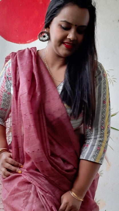 Bansbara Tussar Silk Kantha Handloom Saree Ruby Pink