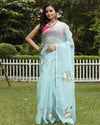 Chic Kota Doria Cotton Bird Embroidery Blue Saree Handdyed